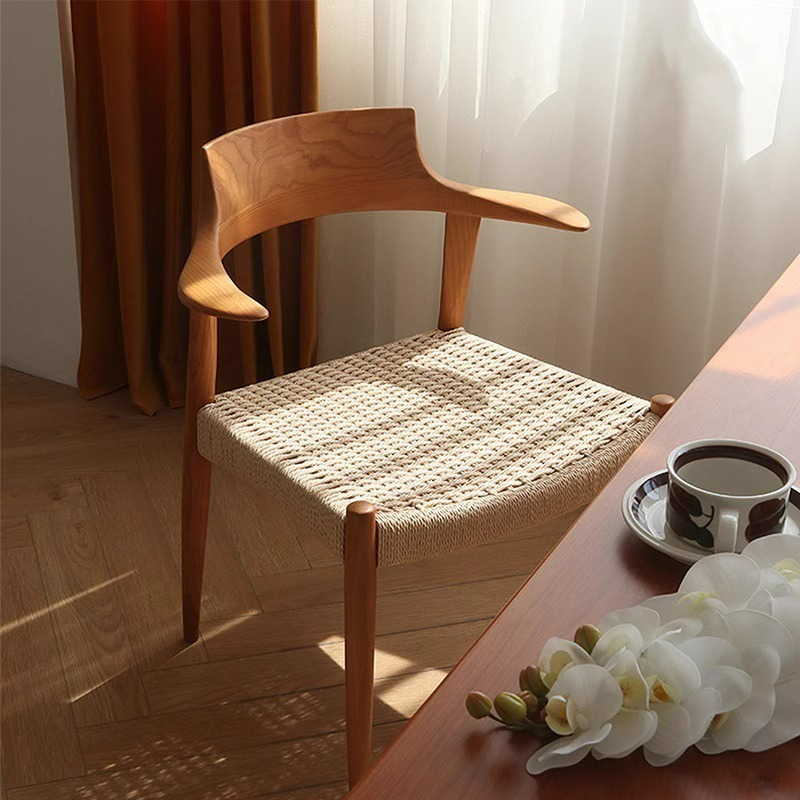 Modern Mid-Century Solid Wood Kraft Paper Rope Weaving PU Leather Dining Chair With Horn-Back Design & Backrest For Dining Room