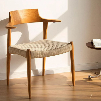Modern Mid-Century Solid Wood Kraft Paper Rope Weaving PU Leather Dining Chair With Horn-Back Design & Backrest For Dining Room