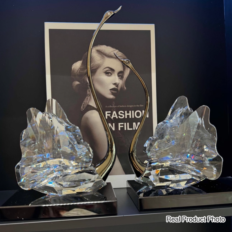 Modern Luxury Crystal Glass Metal Swan Figurine Set Decorative Sculpture Desk Decor For Living Room