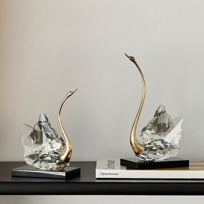 Modern Luxury Crystal Glass Metal Swan Figurine Set Decorative Sculpture Desk Decor For Living Room