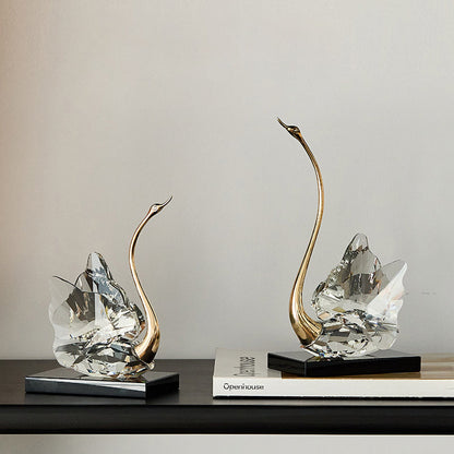 Modern Luxury Crystal Glass Metal Swan Figurine Set Decorative Sculpture Desk Decor For Living Room