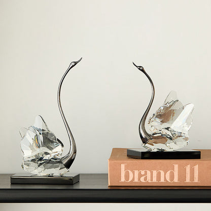 Modern Luxury Crystal Glass Metal Swan Figurine Set Decorative Sculpture Desk Decor For Living Room