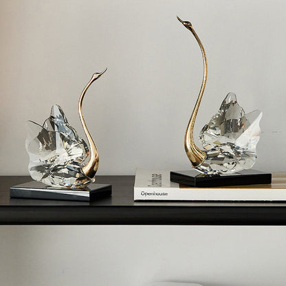 Modern Luxury Crystal Glass Metal Swan Figurine Set Decorative Sculpture Desk Decor For Living Room