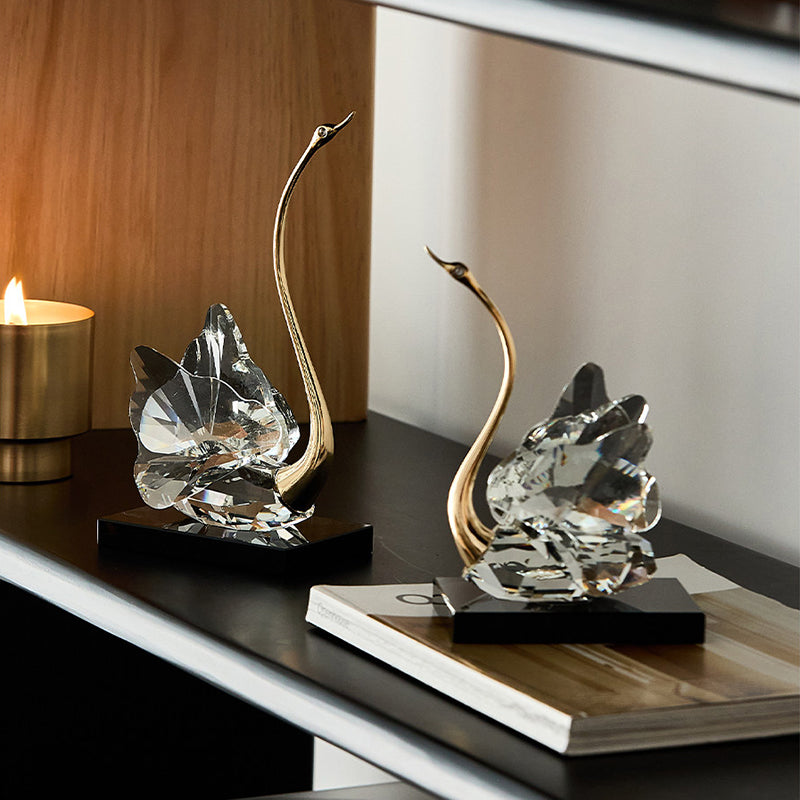 Modern Luxury Crystal Glass Metal Swan Figurine Set Decorative Sculpture Desk Decor For Living Room