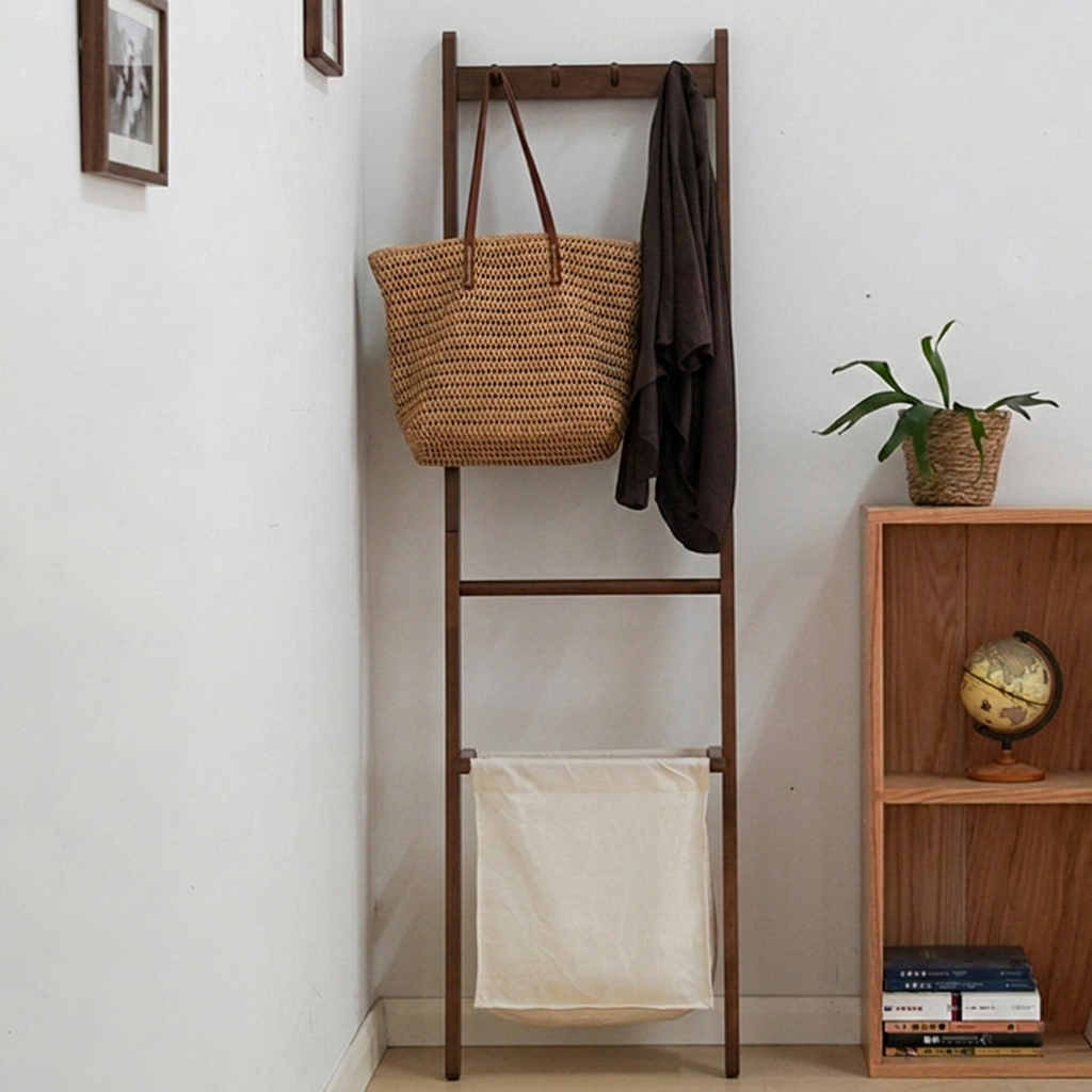 Traditional Japanese Solid Wood Rectangular Coat Rack With Basket Space-Saving Freestanding Hall Tree For Bedroom