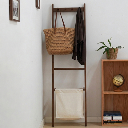 Traditional Japanese Solid Wood Rectangular Coat Rack With Basket Space-Saving Freestanding Hall Tree For Bedroom