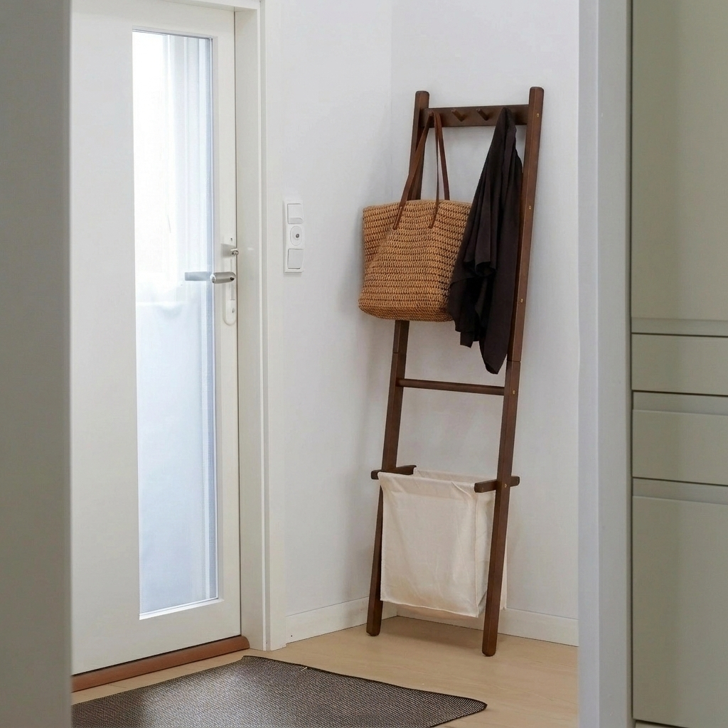 Traditional Japanese Solid Wood Rectangular Coat Rack With Basket Space-Saving Freestanding Hall Tree For Bedroom