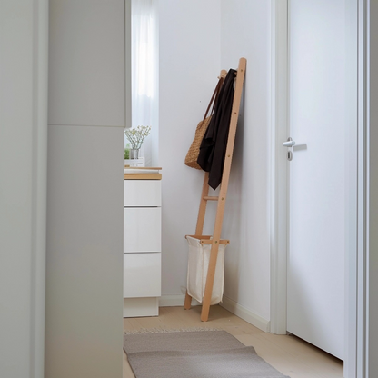 Traditional Japanese Solid Wood Rectangular Coat Rack With Basket Space-Saving Freestanding Hall Tree For Bedroom