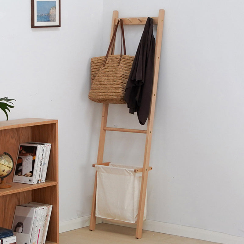 Traditional Japanese Solid Wood Rectangular Coat Rack With Basket Space-Saving Freestanding Hall Tree For Bedroom