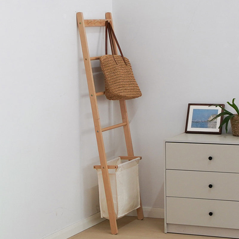 Traditional Japanese Solid Wood Rectangular Coat Rack With Basket Space-Saving Freestanding Hall Tree For Bedroom