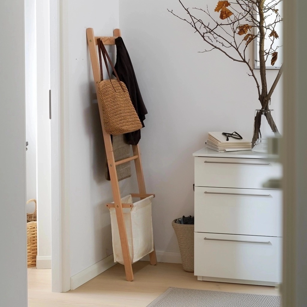Traditional Japanese Solid Wood Rectangular Coat Rack With Basket Space-Saving Freestanding Hall Tree For Bedroom