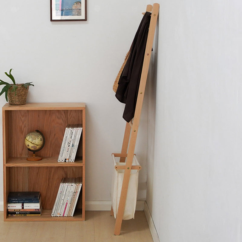 Traditional Japanese Solid Wood Rectangular Coat Rack With Basket Space-Saving Freestanding Hall Tree For Bedroom