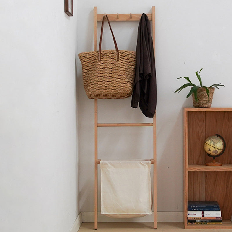 Traditional Japanese Solid Wood Rectangular Coat Rack With Basket Space-Saving Freestanding Hall Tree For Bedroom