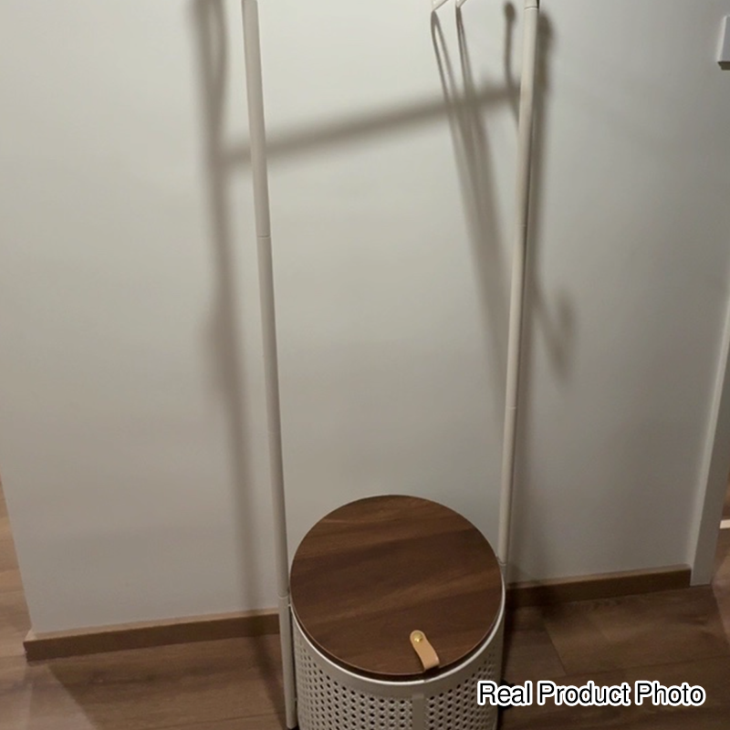 Contemporary Nordic Carbon Steel Plywood Round Hall Tree Mobile Clothes Organizer With Basket For Bedroom