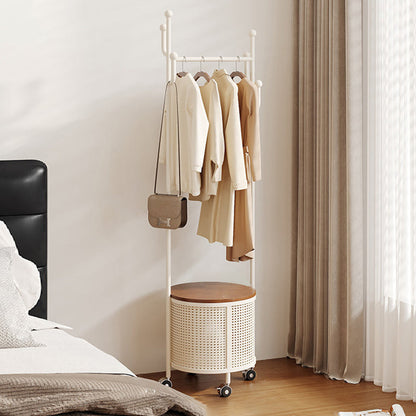 Contemporary Nordic Carbon Steel Plywood Round Hall Tree Mobile Clothes Organizer With Basket For Bedroom