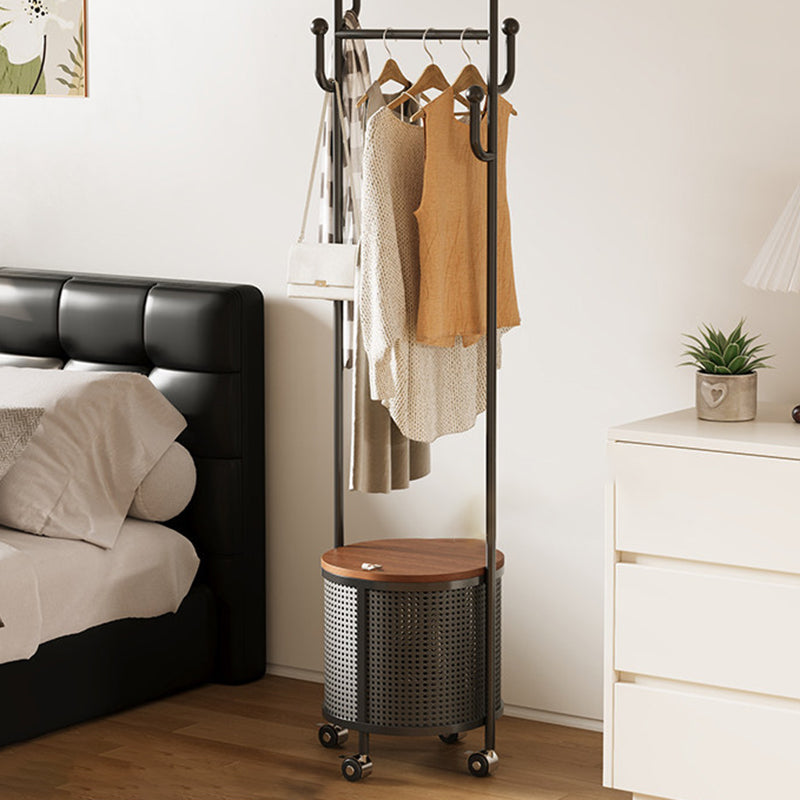 Contemporary Nordic Carbon Steel Plywood Round Hall Tree Mobile Clothes Organizer With Basket For Bedroom