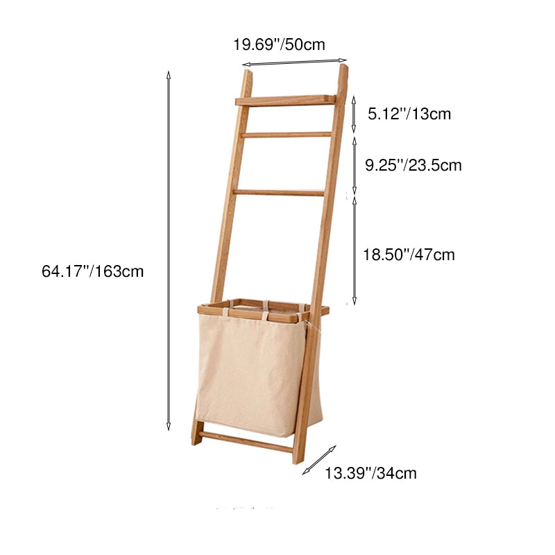 Modern Minimalist Solid Cherry Wood Fabric Rectangular Garment Rack Multi-Function Hall Tree With Laundry Basket For Living Room & Bedroom & Bathroom