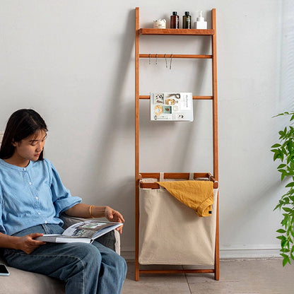 Modern Minimalist Solid Cherry Wood Fabric Rectangular Garment Rack Multi-Function Hall Tree With Laundry Basket For Living Room & Bedroom & Bathroom