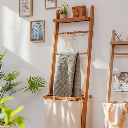 Modern Minimalist Solid Cherry Wood Fabric Rectangular Garment Rack Multi-Function Hall Tree With Laundry Basket For Living Room & Bedroom & Bathroom