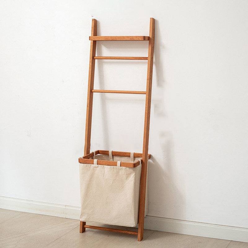 Modern Minimalist Solid Cherry Wood Fabric Rectangular Garment Rack Multi-Function Hall Tree With Laundry Basket For Living Room & Bedroom & Bathroom