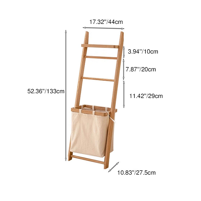 Modern Minimalist Solid Cherry Wood Fabric Rectangular Garment Rack Multi-Function Hall Tree With Laundry Basket For Living Room & Bedroom & Bathroom