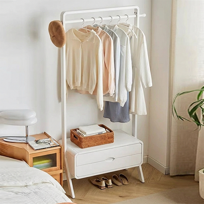 Contemporary Nordic Solid Wood & Plywood Rectangular Coat Rack With 2 Drawers Space-Saving Freestanding Clothes Rack For Bedroom