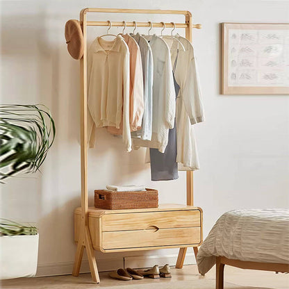 Contemporary Nordic Solid Wood & Plywood Rectangular Coat Rack With 2 Drawers Space-Saving Freestanding Clothes Rack For Bedroom