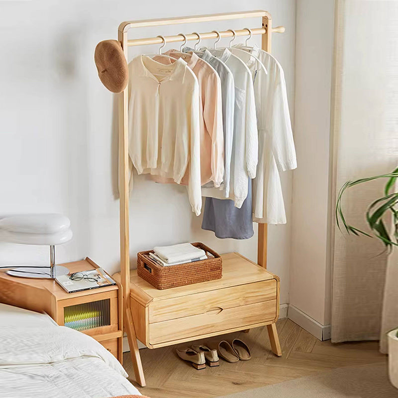 Contemporary Nordic Solid Wood & Plywood Rectangular Coat Rack With 2 Drawers Space-Saving Freestanding Clothes Rack For Bedroom