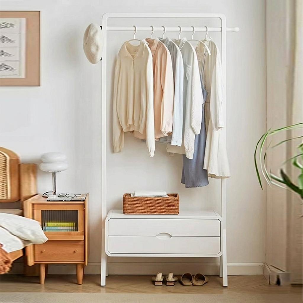 Contemporary Nordic Solid Wood & Plywood Rectangular Coat Rack With 2 Drawers Space-Saving Freestanding Clothes Rack For Bedroom