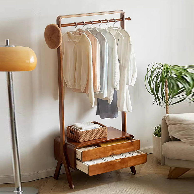 Contemporary Nordic Solid Wood & Plywood Rectangular Coat Rack With 2 Drawers Space-Saving Freestanding Clothes Rack For Bedroom