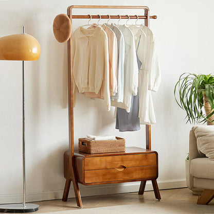Contemporary Nordic Solid Wood & Plywood Rectangular Coat Rack With 2 Drawers Space-Saving Freestanding Clothes Rack For Bedroom