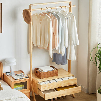 Contemporary Nordic Solid Wood & Plywood Rectangular Coat Rack With 2 Drawers Space-Saving Freestanding Clothes Rack For Bedroom