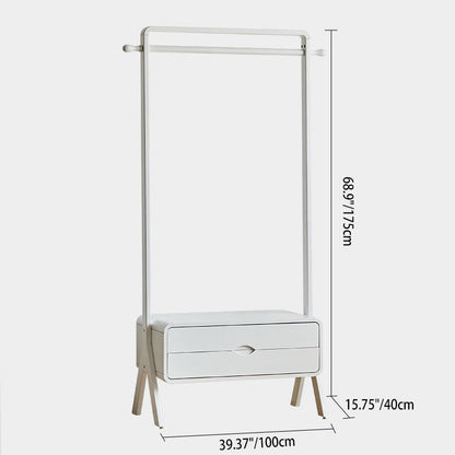 Contemporary Nordic Solid Wood & Plywood Rectangular Coat Rack With 2 Drawers Space-Saving Freestanding Clothes Rack For Bedroom