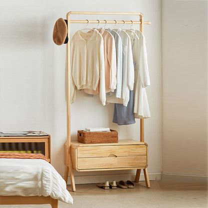 Contemporary Nordic Solid Wood & Plywood Rectangular Coat Rack With 2 Drawers Space-Saving Freestanding Clothes Rack For Bedroom
