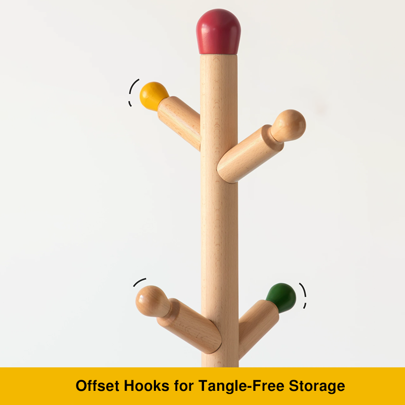 Contemporary Creative Solid Beech Wood Kids Coat Rack - Adjustable Height Children’s Floor Standing Clothes & Backpack Organizer Hall Tree For Bedroom