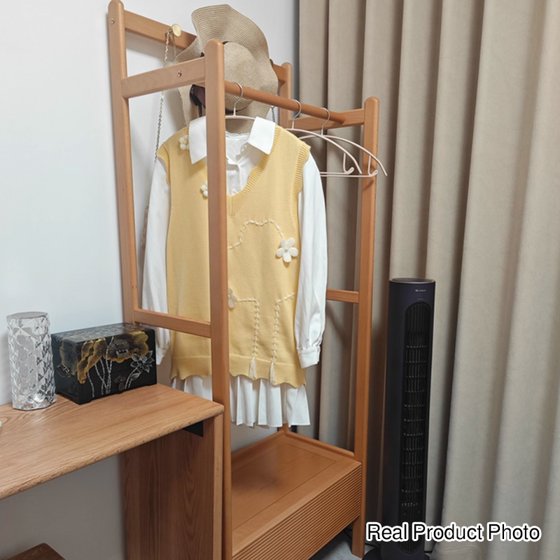Traditional Japanese Solid Wood & Plywood Rectangular Wooden Hall Tree Clothes Organizer With Drawer For Bedroom