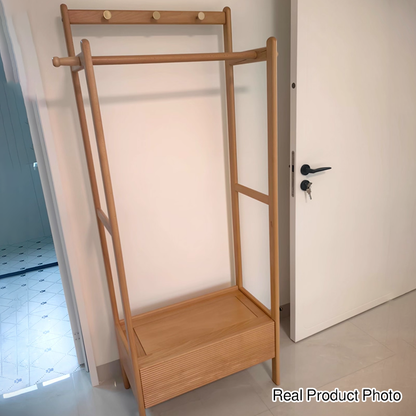 Traditional Japanese Solid Wood & Plywood Rectangular Wooden Hall Tree Clothes Organizer With Drawer For Bedroom