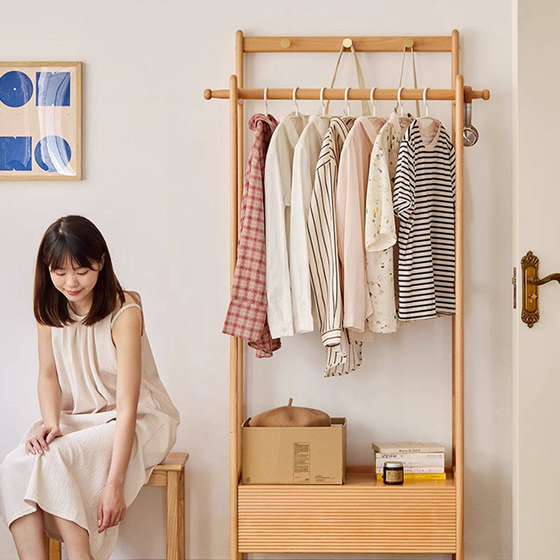 Traditional Japanese Solid Wood & Plywood Rectangular Wooden Hall Tree Clothes Organizer With Drawer For Bedroom