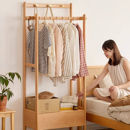 Traditional Japanese Solid Wood & Plywood Rectangular Wooden Hall Tree Clothes Organizer With Drawer For Bedroom