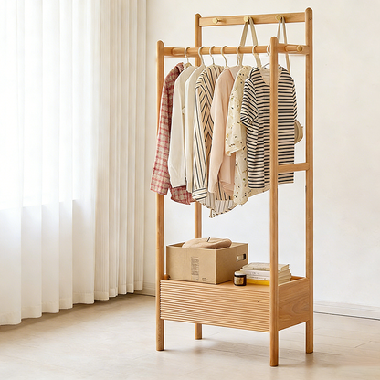Traditional Japanese Solid Wood & Plywood Rectangular Wooden Hall Tree Clothes Organizer With Drawer For Bedroom