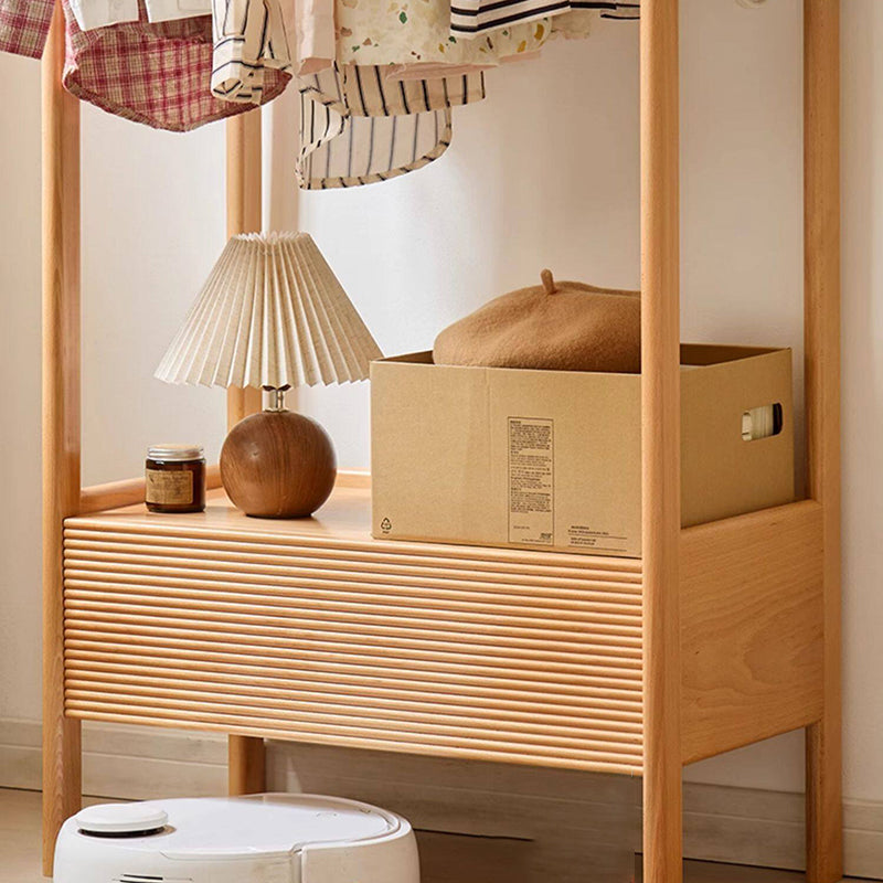 Traditional Japanese Solid Wood & Plywood Rectangular Wooden Hall Tree Clothes Organizer With Drawer For Bedroom