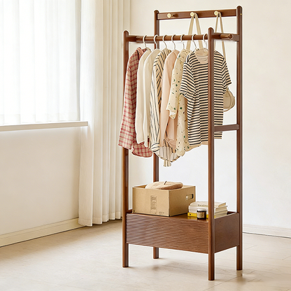 Traditional Japanese Solid Wood & Plywood Rectangular Wooden Hall Tree Clothes Organizer With Drawer For Bedroom