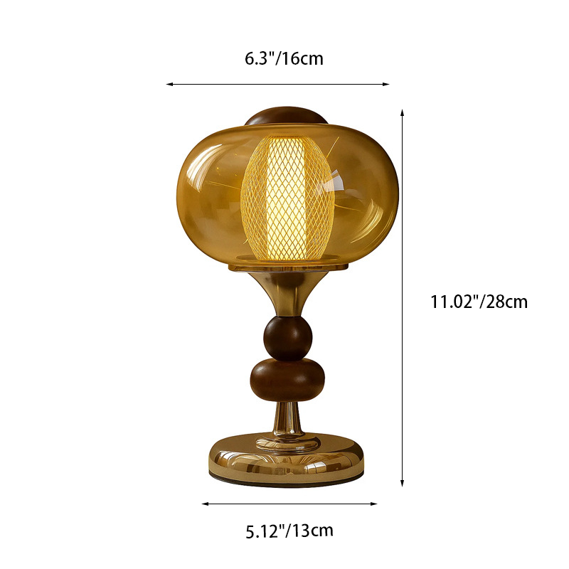 Contemporary Retro Palace Solid Wood Glass Iron Round LED Table Lamp For Living Room & Bedroom