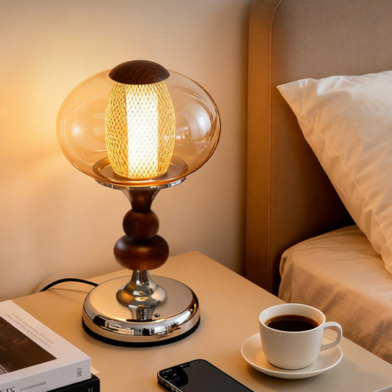 Contemporary Retro Palace Solid Wood Glass Iron Round LED Table Lamp For Living Room & Bedroom