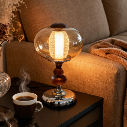 Contemporary Retro Palace Solid Wood Glass Iron Round LED Table Lamp For Living Room & Bedroom