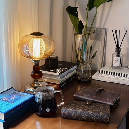 Contemporary Retro Palace Solid Wood Glass Iron Round LED Table Lamp For Living Room & Bedroom