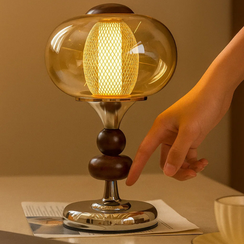 Contemporary Retro Palace Solid Wood Glass Iron Round LED Table Lamp For Living Room & Bedroom
