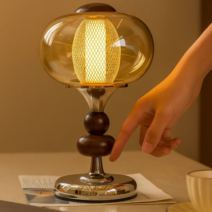 Contemporary Retro Palace Solid Wood Glass Iron Round LED Table Lamp For Living Room & Bedroom