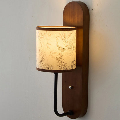 Contemporary Retro Rubberwood Metal Fabric Cylindrical Shade 1-Light Wall Sconce Lamp For Bedroom