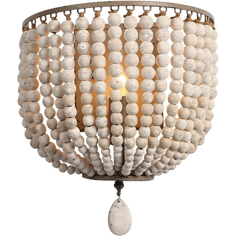 Contemporary Boho Solid Wood Iron Beaded Wall Sconce Lamp For Bedroom & Living Room